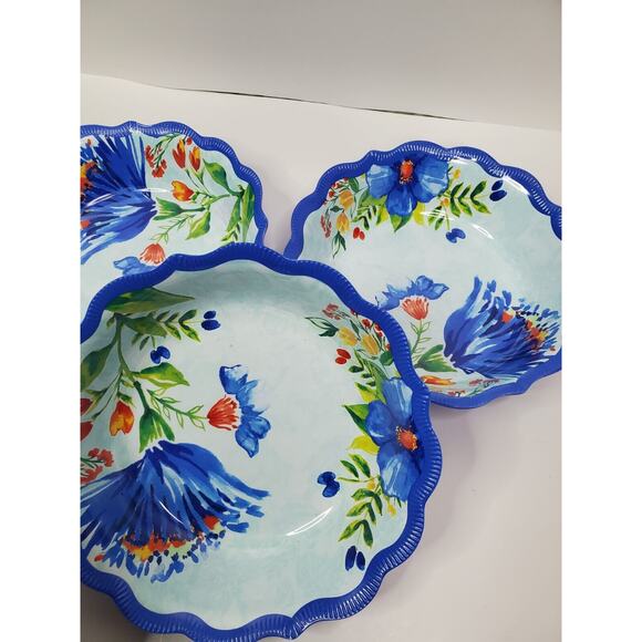 Pioneer Woman Other - Pioneer Woman set of 3 Delaney Dip Bowl Blue Floral Scalloped Edge Melamine